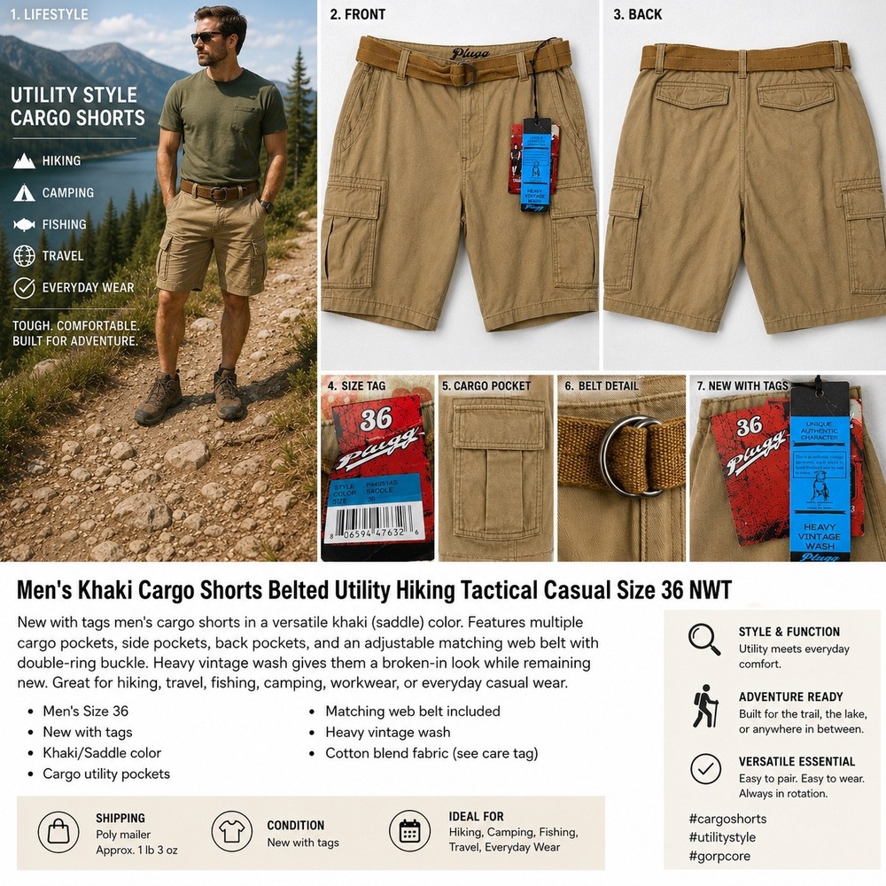 Men's Khaki Cargo Shorts Belted Utility Hiking Tactical Casual Size 36 NWT